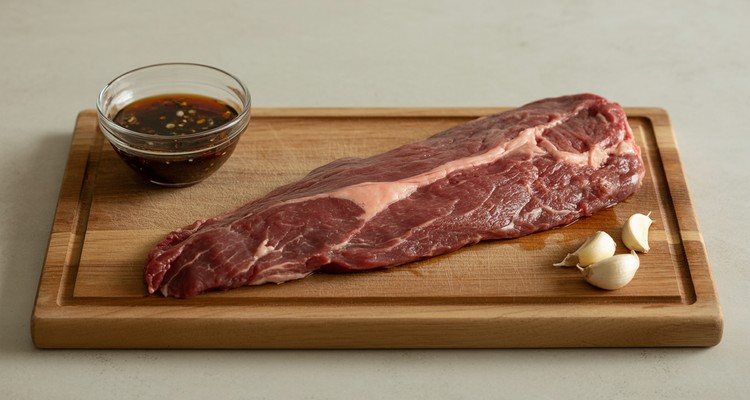 Raw flank steak on a cutting board with marinade and garlic