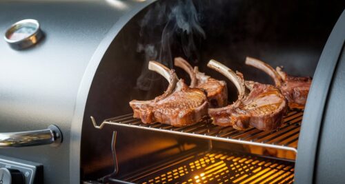 Smoked lamb chops finishing inside a pellet smoker barrel