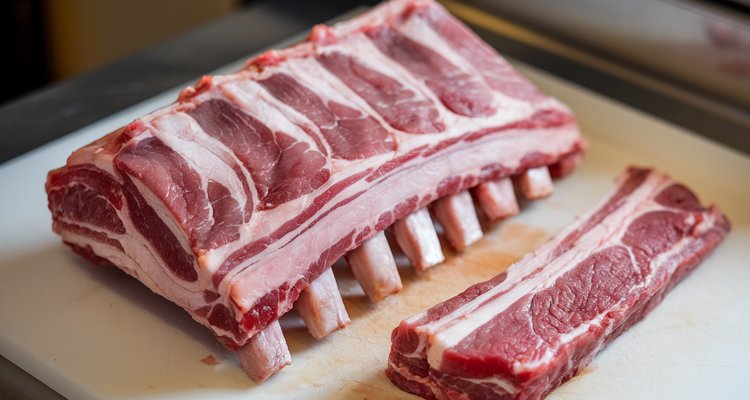 Raw spare ribs with the breastbone cartilage strip separated from the main rack on a cutting board