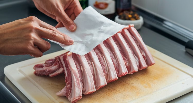 Hands using a paper towel to peel membrane from the bone side of raw spare ribs