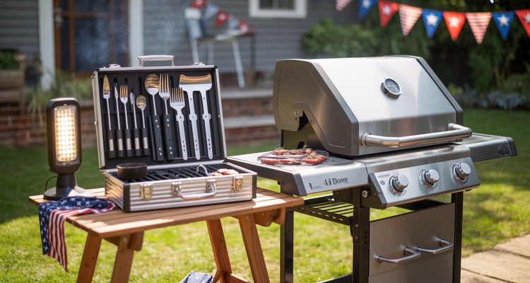 Wide hero view of 4th of July grilling gifts featuring a complete stainless steel BBQ tool set in aluminum case and bright LED grill light on a wooden table next to a modern gas grill in a realistic suburban backyard with subtle patriotic accents, professional BBQ photography style, no text, no branding