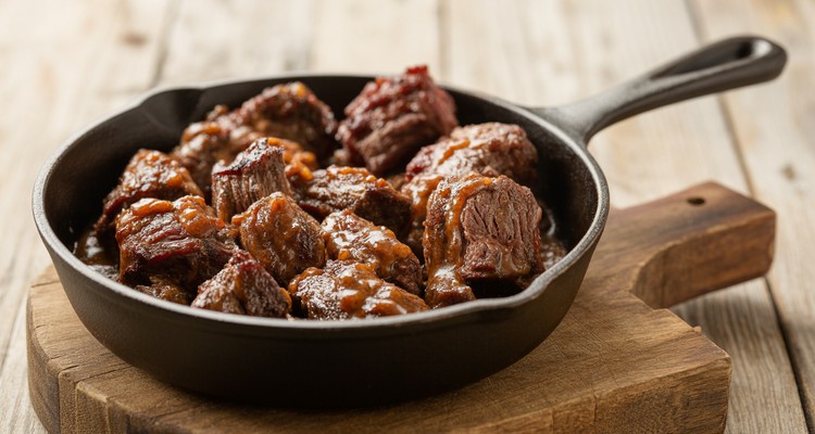 Beef rib meat burnt ends in a cast iron skillet with caramelized sauce