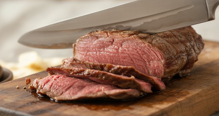 Knife slicing cooked sirloin steak perpendicular to the muscle grain for maximum tenderness