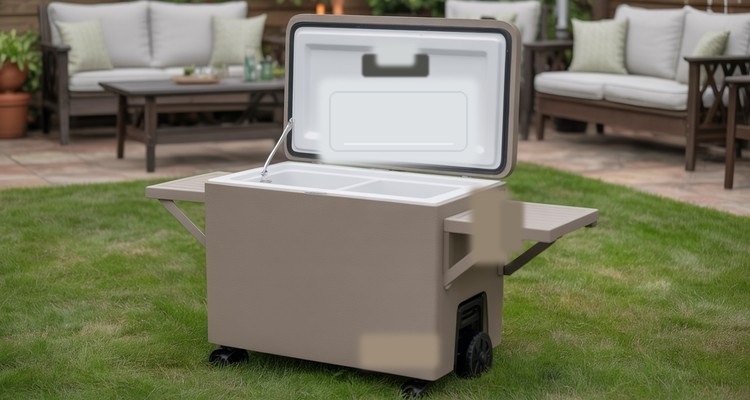 Plain rolling patio cooler cart with open insulated ice chest and side shelf on a clean backyard patio