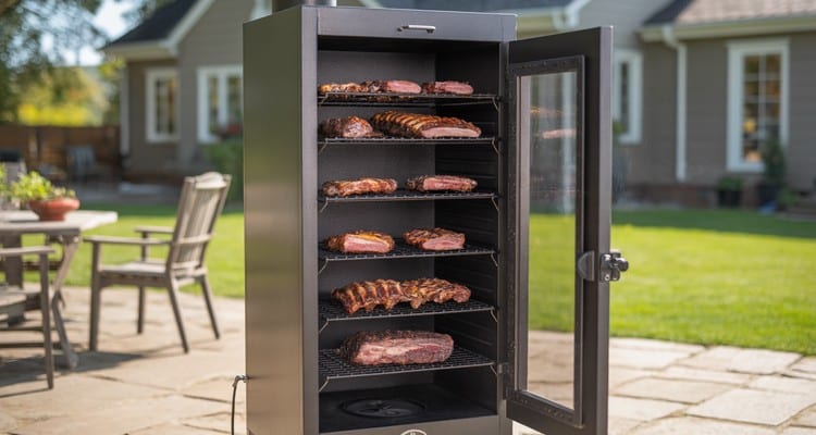 Camp Chef XXL Pro WiFi Vertical Smoker Review tall vertical pellet smoker with multiple racks of ribs and brisket visible through glass door panel, outdoor patio