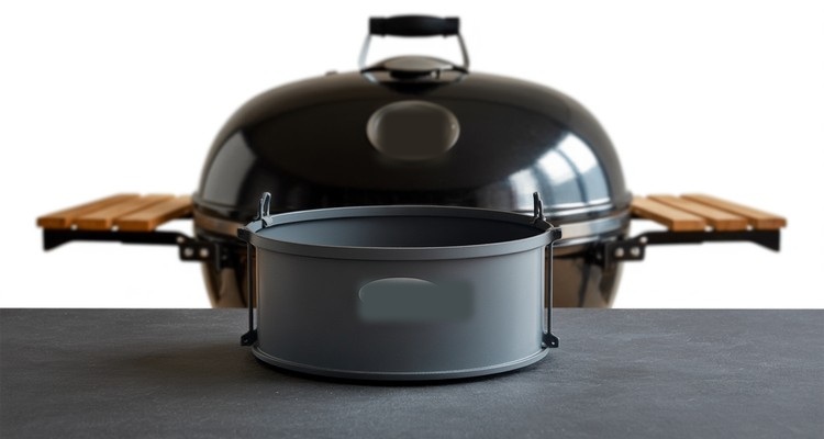 Plain round black metal charcoal basket with ash pan on a clean dark slate surface