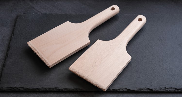 Blank wooden grill cleaning scraper paddles with smooth handles and notched scraping edges