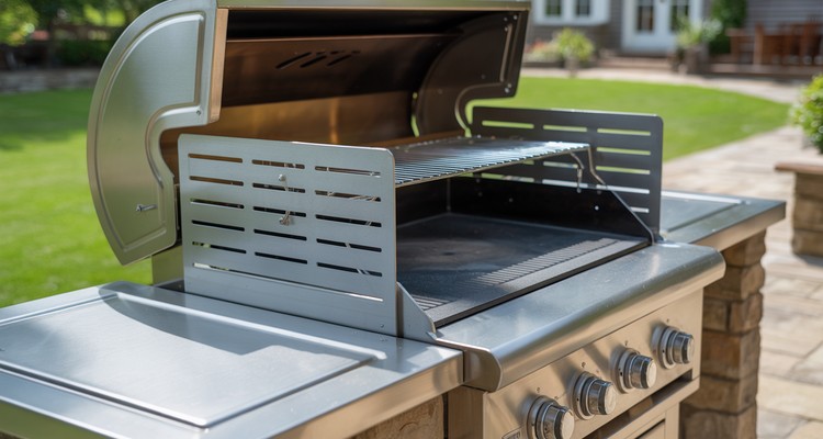 Removable metal wind guard side panels attached around the burners of an outdoor flat-top cooker
