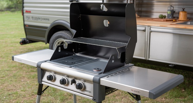 Magma Crossover Double Burner modular grill system with grill and griddle tops beside an RV campsite kitchen
