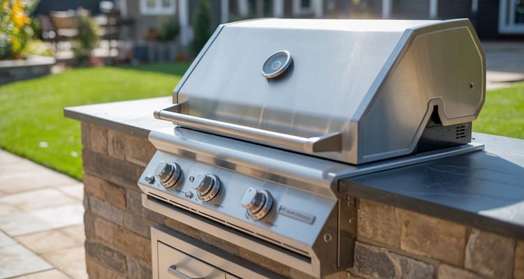 built-in stainless steel two-burner gas grill installed in an outdoor kitchen counter with stone surround