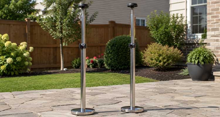 Two adjustable chrome metal support poles standing upright on a stone patio in a suburban backyard
