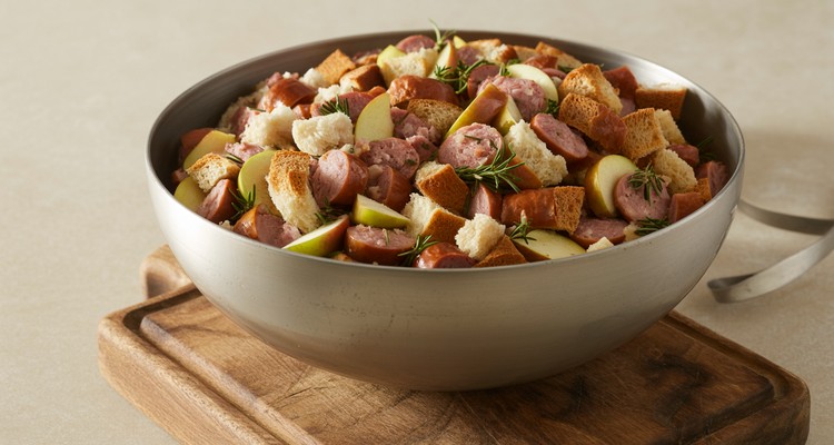 Large mixing bowl with toasted bread cubes sausage apple and fresh herbs for pork stuffing