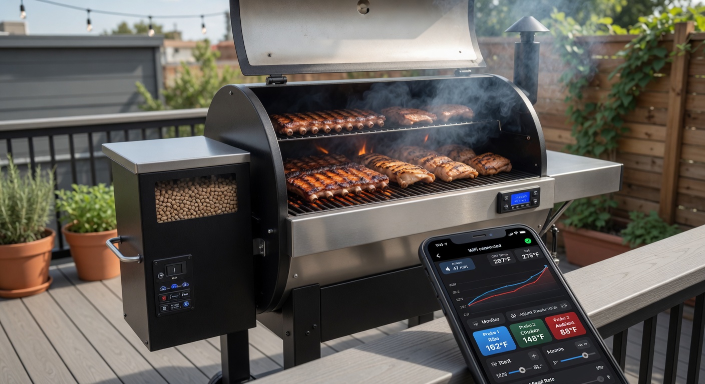 Wide hero view of a modern wifi pellet grill in an outdoor setting with a smartphone showing a grilling app interface in the foreground, professional BBQ photography style, no text, no people, no branding