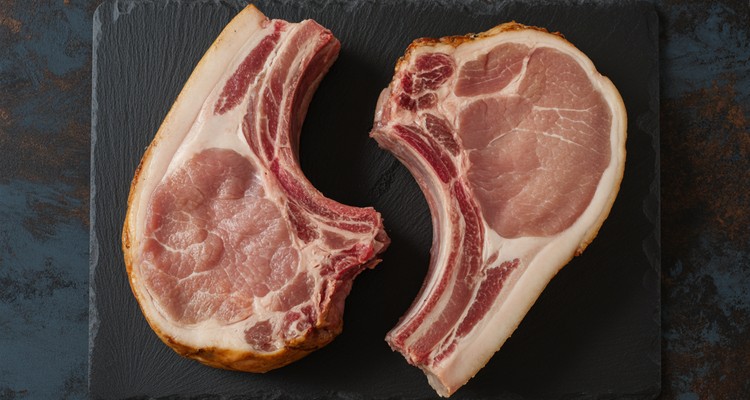 Infographic comparing bone-in rib chop and boneless loin chop side by side with labels highlighting flavor and cooking speed differences