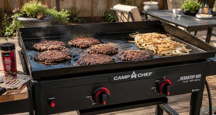 Camp Chef brand flat-top outdoor griddle with smash burgers and onions sizzling on the surface, backyard patio