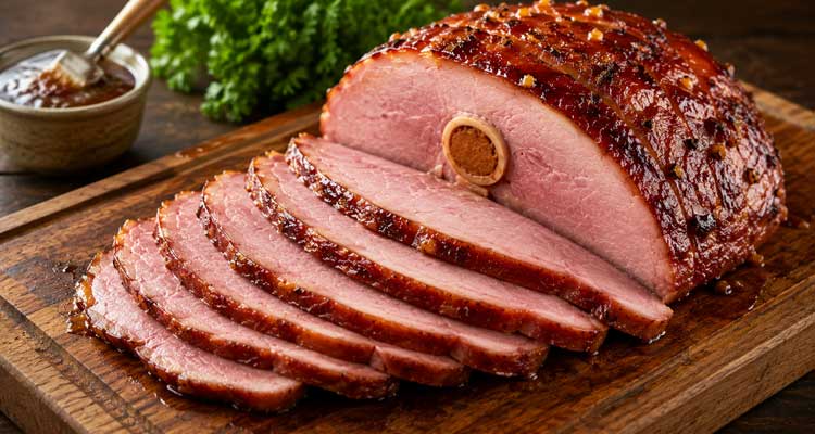 Carved glazed bone-in ham slices on a board for a bone-in ham cooking