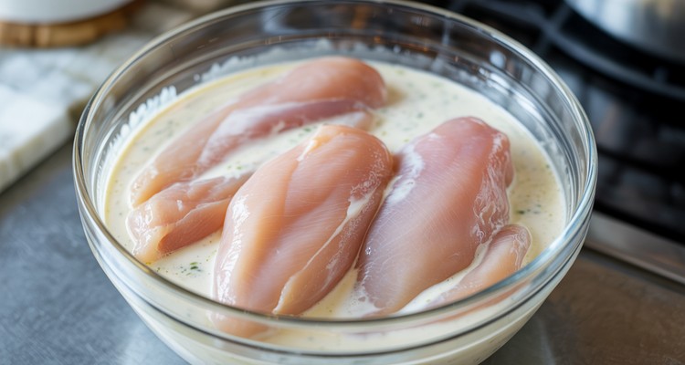 Raw chicken strips marinating in seasoned buttermilk in a glass bowl