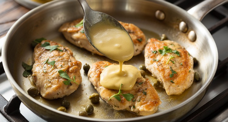 Golden chicken piccata cutlets in skillet with glossy lemon butter caper sauce being spooned over them