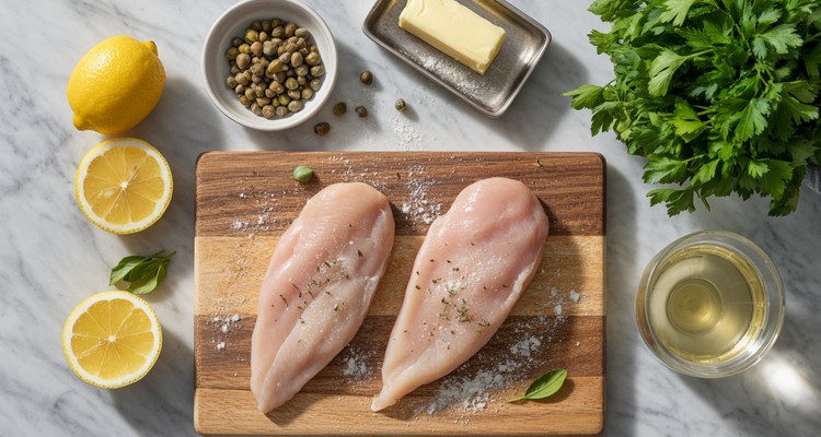 Chicken piccata ingredients laid out on marble counter including chicken cutlets, lemons, capers, butter, white wine and parsley