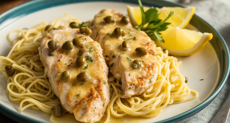 Chicken piccata plated on angel hair pasta with lemon butter caper sauce, lemon wedge and parsley garnish
