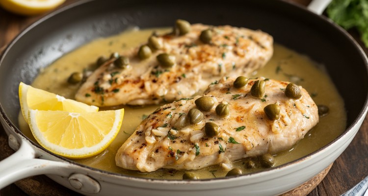 Chicken piccata with lemon butter caper sauce in a skillet
