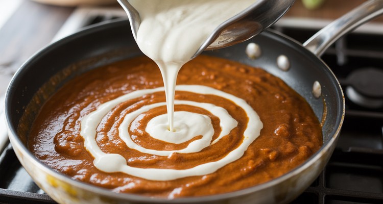 Adding Cream to Chicken Tikka Masala Sauce Heavy cream being poured in a spiral into rich orange tomato masala sauce in a pan