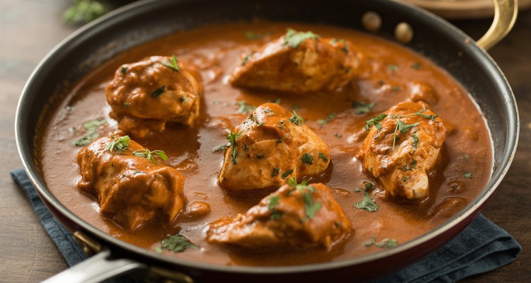 How to Make Chicken Tikka Masala Sauce Rich orange chicken tikka masala sauce with chicken in a pan