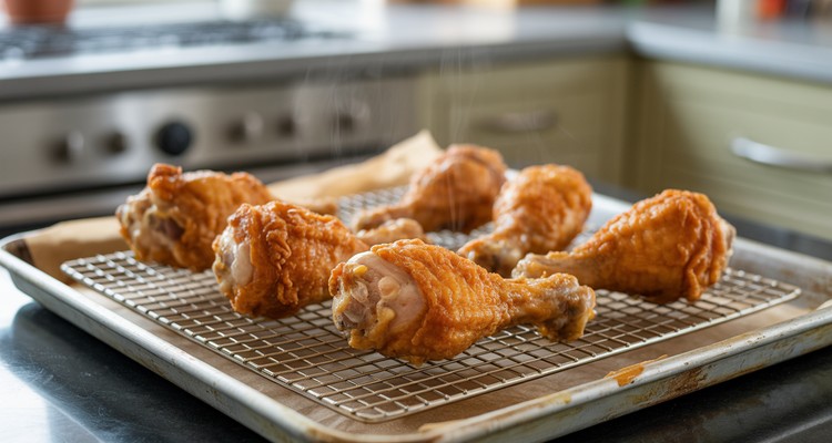 Golden crispy fried chicken drumsticks resting on a wire rack over a baking sheet after frying