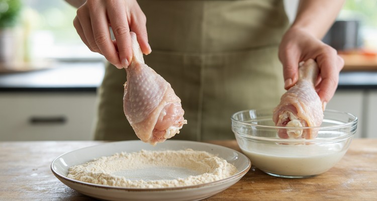 Chicken drumsticks being double-dredged in seasoned flour with buttermilk nearby