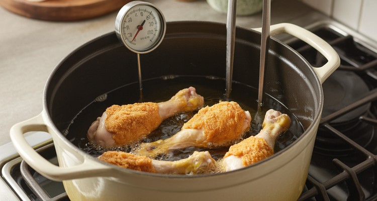 Crispy breaded chicken drumsticks frying in hot oil in a cast iron Dutch oven with thermometer