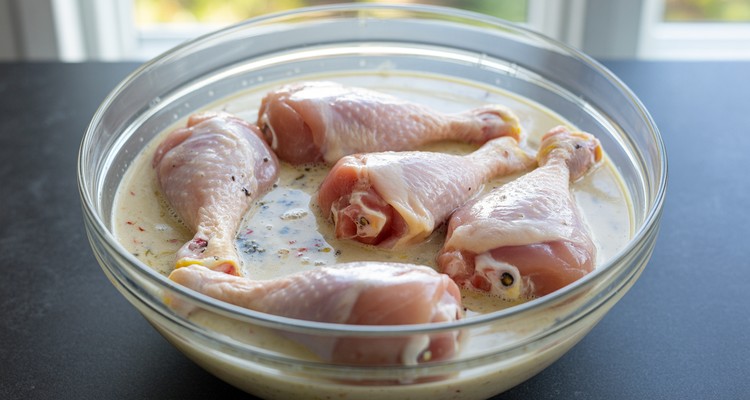 Raw chicken drumsticks submerged in seasoned buttermilk marinade in a glass bowl