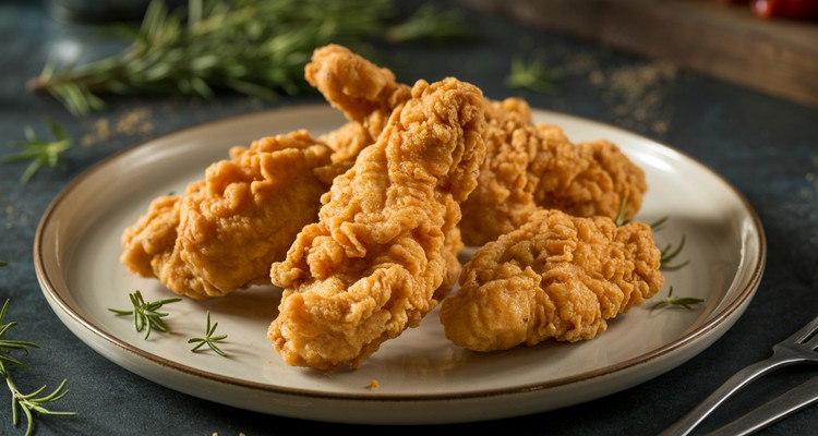 Golden crispy fried chicken fingers on a white plate ready to serve
