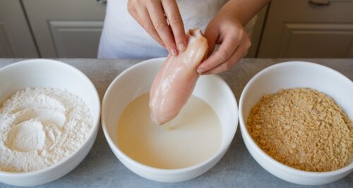 Three-station breading setup showing bowls of seasoned flour buttermilk and a second bowl of flour for double-dipping chicken strips