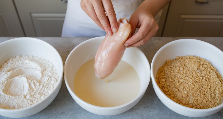 Three-station breading setup with seasoned flour buttermilk and chicken strips