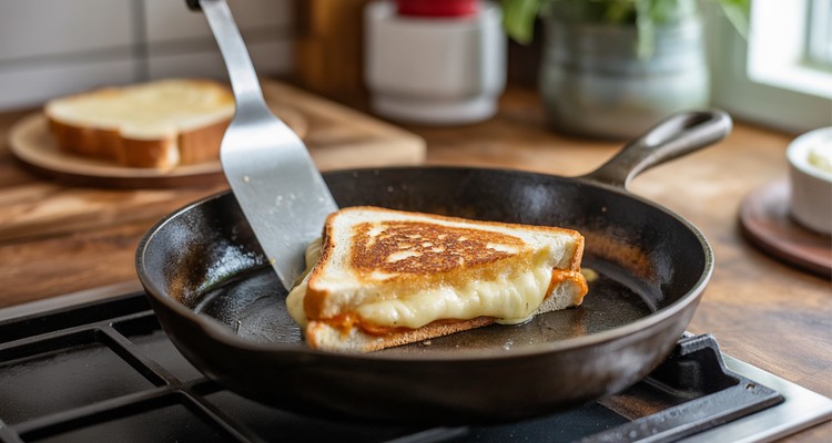 Grilled cheese sandwich cooking in a dark cast iron skillet with a golden-brown crust being lifted by a spatula