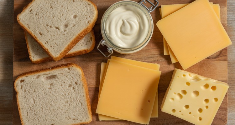 Overhead flat lay of grilled cheese ingredients including sourdough bread mayonnaise sharp cheddar cheese and Gruyere cheese on a wooden board