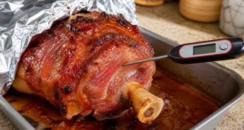 Checking the internal temperature of a glazed ham shank
