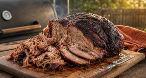 Rested smoked pork shoulder sliced and pulled on a cutting board