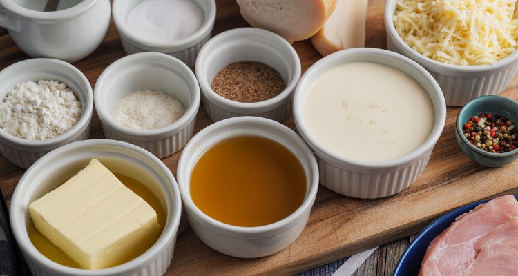 Overhead flat-lay of chicken cordon bleu sauce ingredients measured in plain unlabeled white ramekins and bowls with butter, flour, broth, cream, grated cheese, and seasonings
