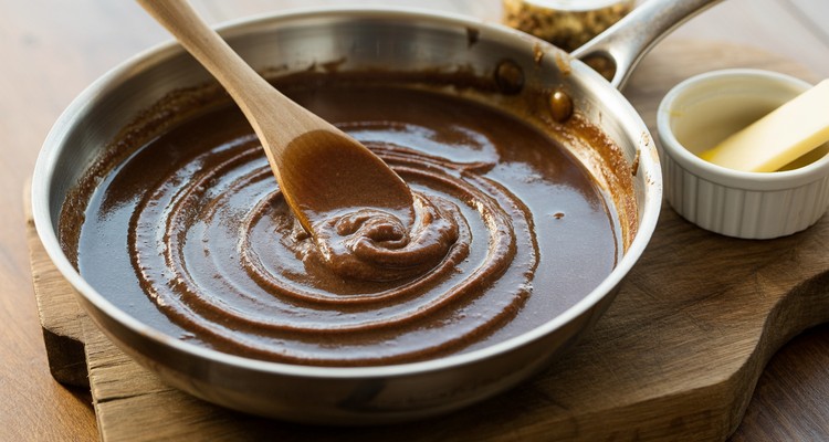 Finished marsala sauce in a skillet showing rich mahogany color and glossy texture as butter is swirled in with a wooden spoon