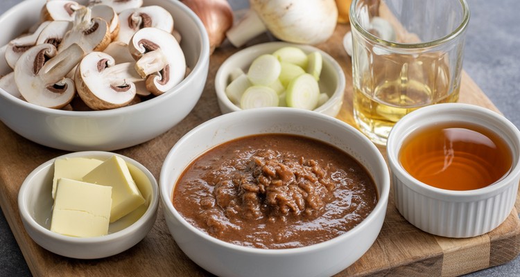 Marsala sauce ingredients in plain unlabeled bowls with sliced mushrooms, minced shallots, pats of butter, stock in a ramekin, and amber wine in a plain unlabeled ramekin