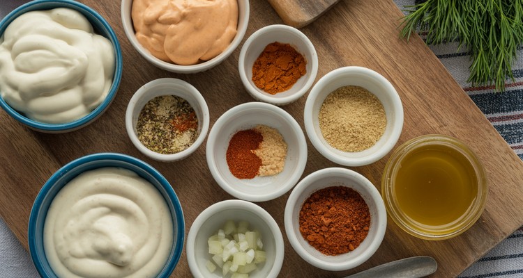 Overhead flat-lay of Popeyes-style sauce ingredients in plain unlabeled bowls with mayonnaise, orange pepper sauce, smoked paprika, cayenne, garlic powder, onion powder, Cajun seasoning, and dill brine Overhead flat-lay of Popeyes-style sauce ingredients in plain unlabeled bowls with mayonnaise, orange pepper sauce, smoked paprika, cayenne, garlic powder, onion powder, Cajun seasoning, and dill brine