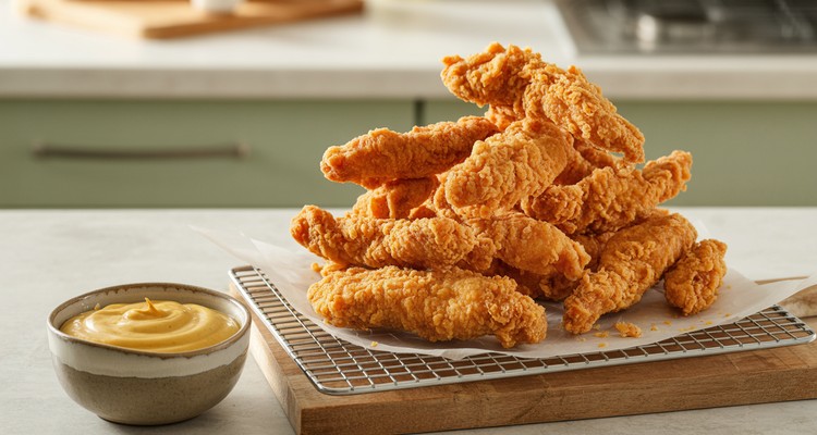 A pile of perfectly golden crispy fried chicken strips on a wire cooling rack with honey mustard dipping sauce