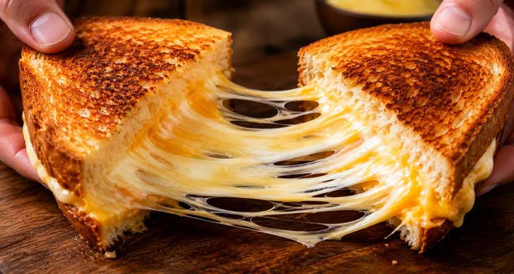 A gooey grilled cheese sandwich pulled apart to reveal an epic stretchy cheese pull with a deep golden-brown crispy crust on toasted bread