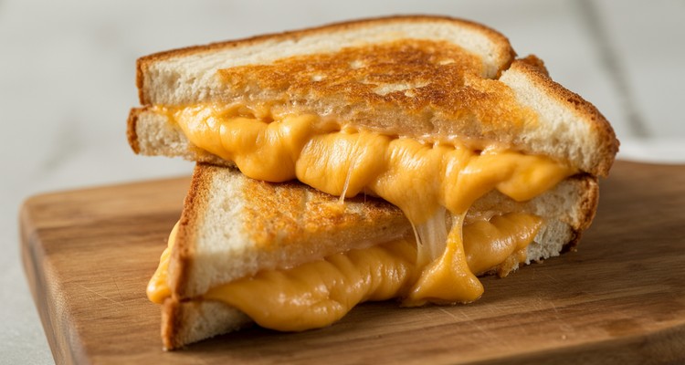 A perfectly golden-brown grilled cheese sandwich sliced diagonally showing a melty cheese pull with a crisp crunchy crust