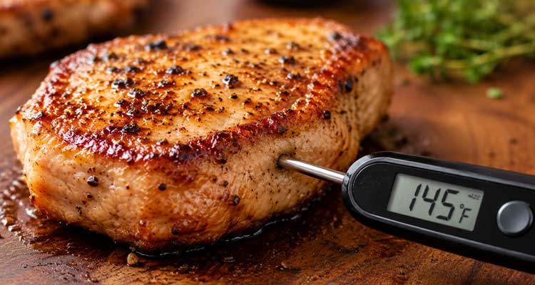Close-up of an instant-read thermometer inserted into a golden-brown pork chop with the digital display reading 145 degrees Fahrenheit