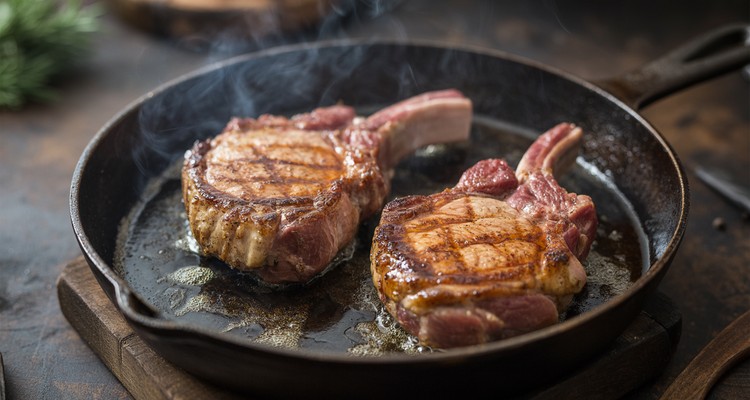 Pork chops searing in a cast iron skillet to show juicy golden-brown crust technique