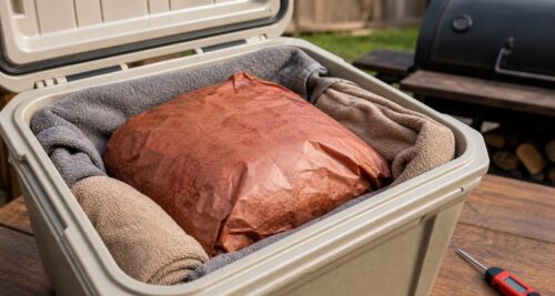 Wrapped smoked pork shoulder resting in a cooler with towels