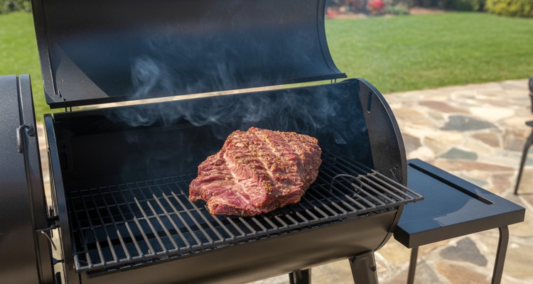 Smoked corned beef brisket on pellet grill grates with visible smoke rising around the meat