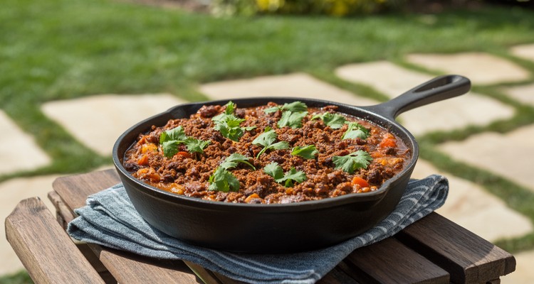 Cast-iron skillet of over the top chili topped with smoky crumbled ground beef and fresh cilantro on a dark wood surface